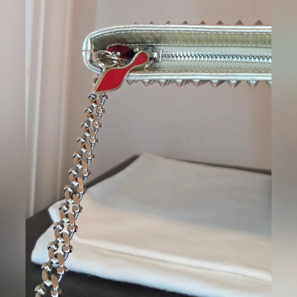 Christian Louboutin Loubiposh Studded Clutch Crossbody Galactic Silver W/COA